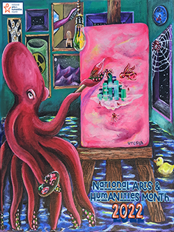 A drawing of an octopus, sitting on a stool surronded by walls filled with paintings. The octopus is holding a palette and painting on a canvas on an easel. The painting is an octopus city.